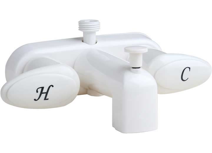 The Phoenix PF223261 (also marketed under Valterra) is a white, two-handle tub and shower diverter faucet designed primarily for RVs, manufactured homes, and marine use. It features a "D-Spud" outlet specifically for attaching a handheld shower hose.