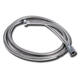 The Valterra PF276032 is a 60-inch, double-hooked, stainless steel shower hose with a chrome finish, designed for RVs, motorhomes, and campers as a durable, flexible replacement for stiff plastic shower hoses.