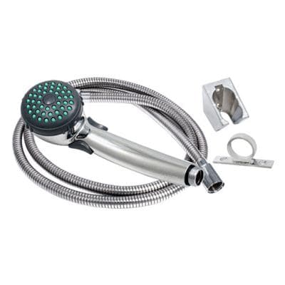 The Valterra PF276045 is a single-function handheld shower kit designed for RV, manufactured home, and marine use, featuring a chrome finish, a 60-inch hose, and a water-saving trickle shut-off valve.