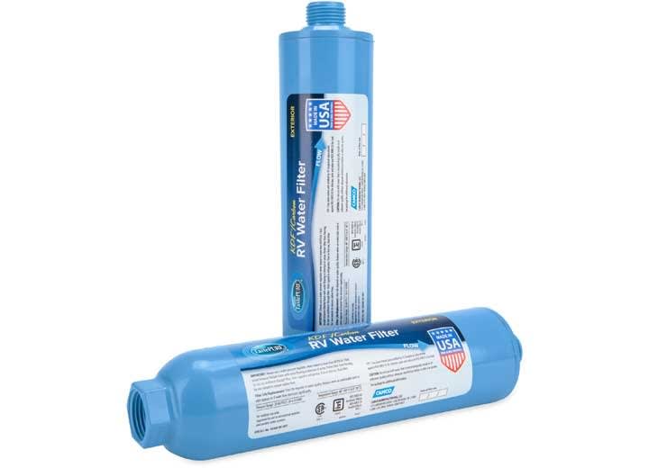 The Camco 40013 is a TastePURE RV/Marine Water Filter 2 pack is designed to improve drinking water quality in RVs, boats, and during camping. It uses granular activated carbon (GAC) and KDF filtration.