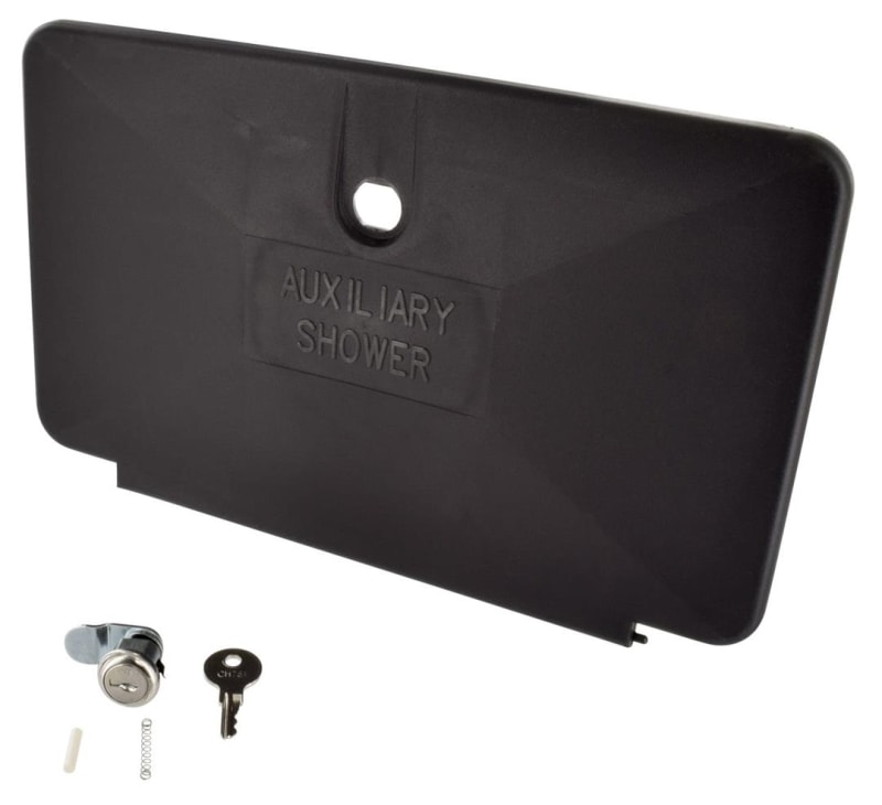 The Valterra PF267002 is a black replacement door and lock for an exterior RV shower box, designed to be a direct replacement for the Phoenix Faucets exterior shower unit.