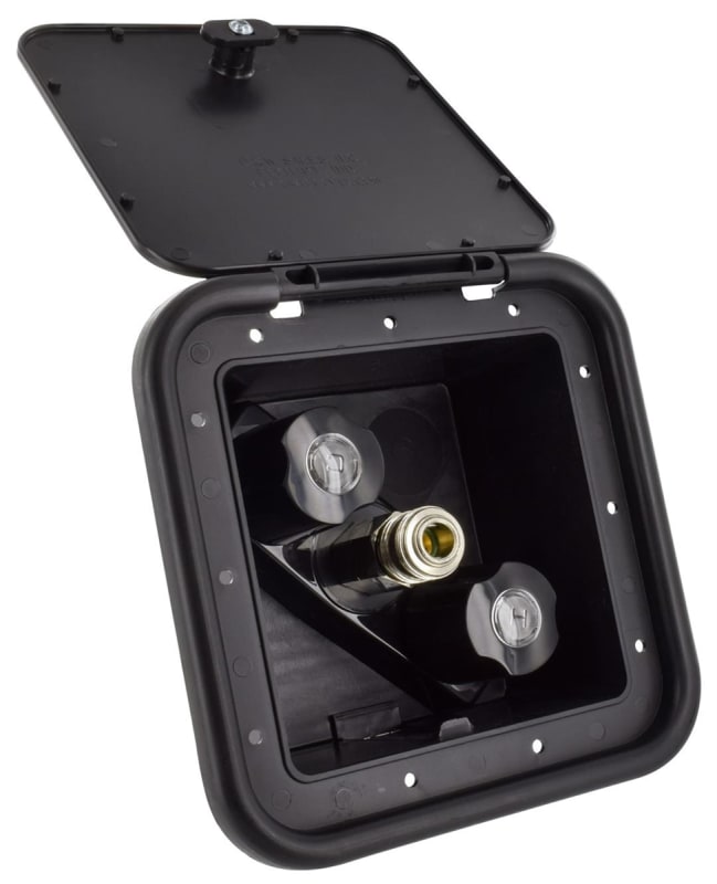The Valterra PF247701 is a black plastic exterior shower box for RV and marine use, providing hot and cold water outlets with a quick-connect system. It allows for convenient outdoor washing and is designed for easy bolt-on installation.