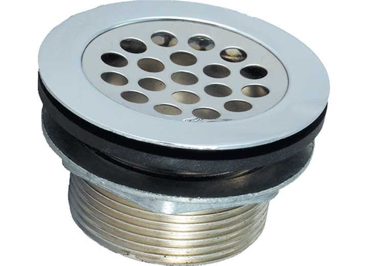 The LaSalle Bristol 65CAR227G RV Shower Drain with Grid Strainer, chrome-plated plastic  It is a flat, 1-1/2 inch drain assembly designed to replace or upgrade shower drains in RVs and campers.