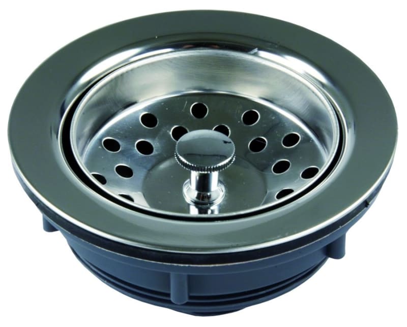 The JR Products 95285 is a large chrome kitchen sink strainer designed for RVs and other applications. It is constructed from durable plastic with a chrome finish and fits sink openings between 3-1/2 inches and 4 inches.
