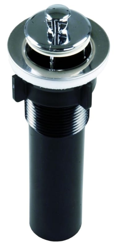The JR Products 95215 is a chrome plastic sink strainer with a pop-up stopper, commonly used for RV sinks. It fits sink openings from 1-3/8" to 1-3/4" and includes a 1-1/4" tailpiece for connecting to a drain pipe.