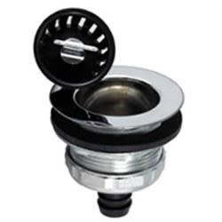 The JR Products 9490-217-022 is a cast steel sink strainer with a threaded basket, tail flange, slip nut, rubber washer, and locknut, designed for RV kitchen and lavatory sinks with up to a 2-inch drain opening.