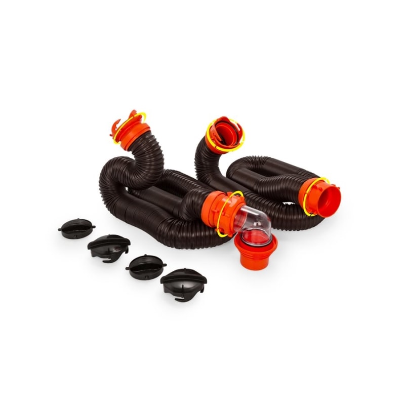The Camco 39741 RhinoFLEX 20-Foot Sewer Hose Kit is an all-in-one kit for RV tank dumping that includes a pair of 10-foot hoses, swivel fittings, a transparent elbow, and storage caps. It is constructed from a heavy-duty polyolefin material