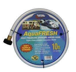 The Valterra W01-5120 is a 10-foot, 1/2-inch inside diameter, white drinking water hose designed for use with RVs and for camping. It is engineered for high-pressure systems and made from non-toxic, NSF-listed materials.