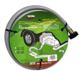 The Valterra Flushing Hose W01-4300 is a 25-foot gray hose designed specifically for flushing RV waste tanks and for use with non-potable (non-drinking) water. The gray color helps users easily distinguish it from a white potable water hose.