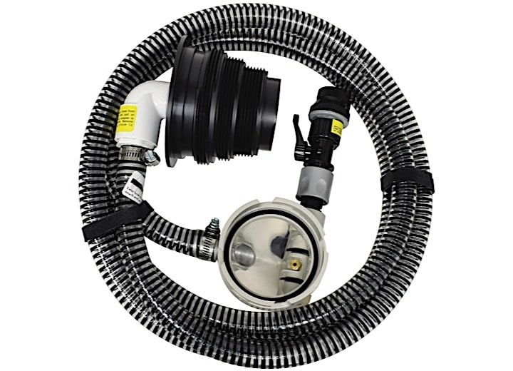 The Valterra SS01 SewerSolution System is a water-powered RV waste macerator that pulverizes waste and toilet tissue using a high-velocity water jet, allowing it to be pumped through a smaller 3/4" hose over longer distances or uphill.