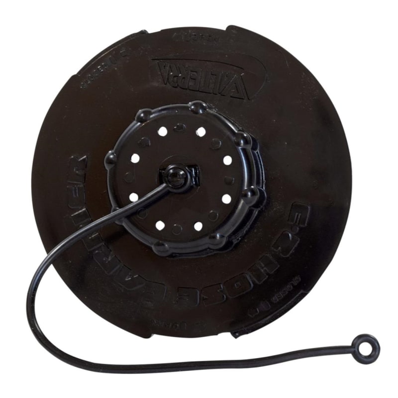 The Valterra A04-0161BK Sewer Hose Storage Carrier Cap, a replacement cap and strap for the Valterra EZ Hose Carrier. The cap is black and made of plastic, designed for securing and capping an RV sewer hose storage tube.