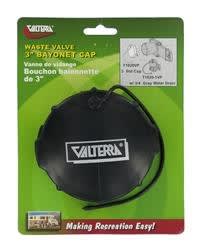 The Valterra T1020VP RV sewer cap is a 3-inch bayonet-style waste valve cap that includes an attached rubber strap to prevent loss. It is designed to fit all standard RV black waste valve systems and provides a leak-proof seal.
