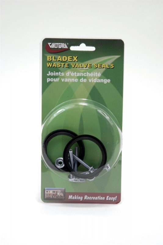 The Valterra T1001-9VP is a set of two Bladex 1-1/2 inch replacement waste valve seals with hardware designed for RV plumbing systems.