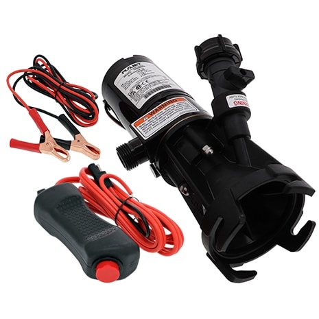 The Flojet 18555-000A Portable RV Waste Pump Kit is a self-priming macerator pump that simplifies RV waste management by connecting directly to the RV waste outlet and allowing discharge through a standard garden hose.