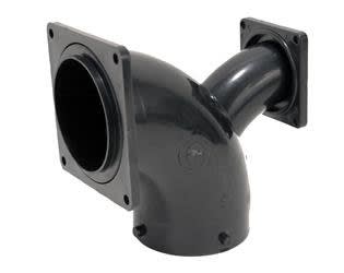 The Valterra T1036 is a 2-way ell termination fitting used in RV sanitation systems to combine waste from both black-water and gray-water tanks into a single outlet. It is made of durable black ABS plastic and features rotating flanges.