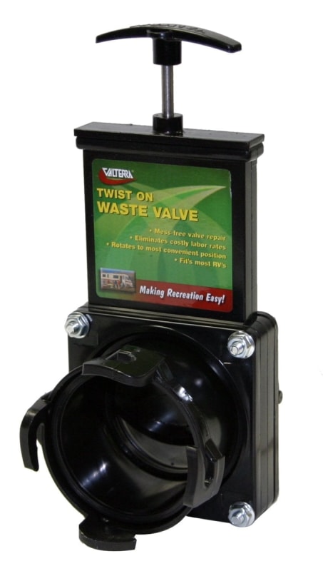 The Valterra T58 is a 3-inch twist-on gate valve assembly used to stop leaks on an RV or camper's existing sewer waste valve without replacing the whole unit. It is a temporary repair that attaches to the existing bayonet-style fitting.