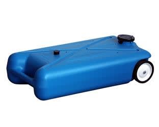 The Barker 10893 is a 10-gallon, two-wheeled, portable waste holding tank (known as a "Tote-Along") designed for use with RVs and campers. It allows users to transfer gray and black water from their RV's holding tanks to a dump station.