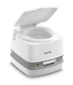 The Thetford Porta Potti 345 is a compact, medium-sized portable toilet with a piston flush and separate holding tanks for fresh water and waste. The model number for this toilet is 92814. It is a self-contained unit suitable for RVs, boats, and camping.