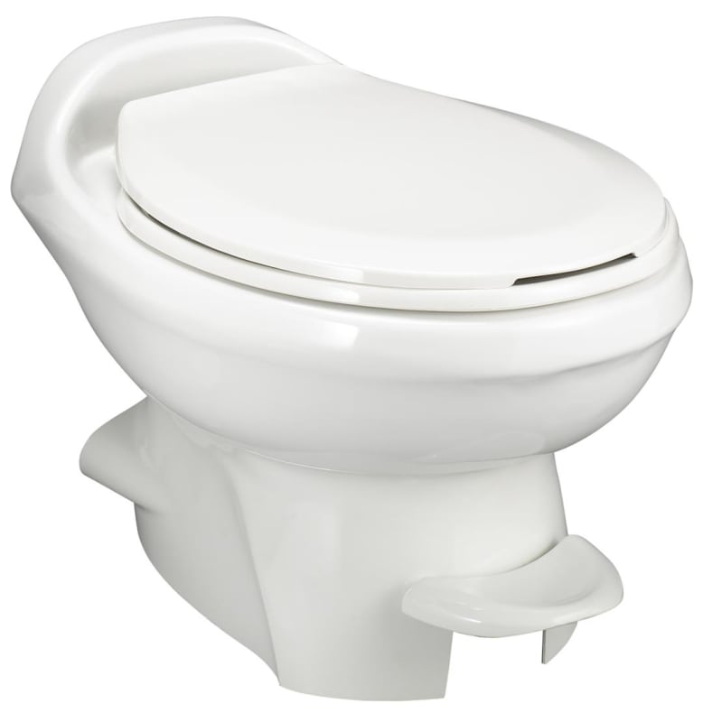 The Thetford 34433 is a Thetford Aqua-Magic Style Plus Low Profile RV Toilet in white color, featuring a hybrid ceramic bowl on a polymer base. It offers a homelike, full-size residential seat and single-pedal flush operation.