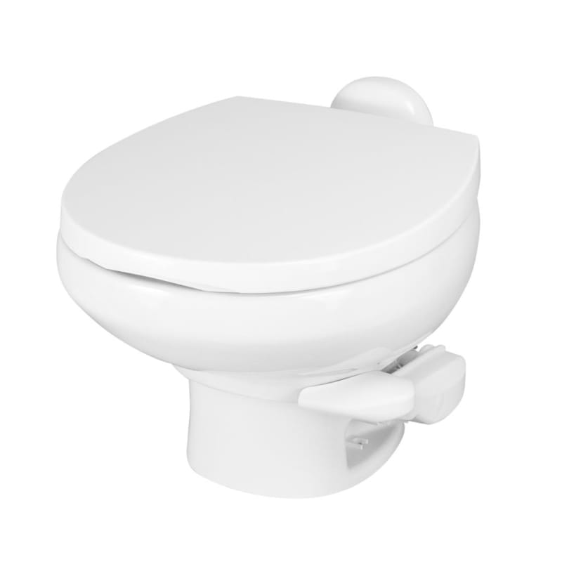 The Thetford Aqua-Magic Style II (42059) is a low-profile RV toilet featuring a hybrid design with a ceramic bowl and a plastic base. It is known for its single-pedal flushing system, powerful 100% bowl coverage, and full-size residential-style seat.