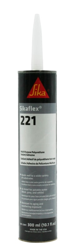 The Sikaflex 221 White sealant (AP Products product number 017-90891) is a non-sag, multi-purpose polyurethane adhesive and sealant frequently used for permanent, elastic sealing in RV, trailer, and bus manufacturing.