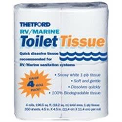 The Thetford 20804 is1-ply RV/Marine Toilet Tissue, designed to rapidly dissolve in sanitation systems to prevent clogs. It is specifically made for use in RV, marine, and portable toilets.