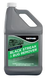 The Thetford Premium RV Black Streak & Bug Remover 32511 is a 1-gallon, spray-and-wipe formula designed to quickly and easily remove black streaks, bugs, and other tough soils from RV exteriors.