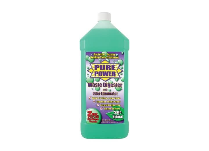 The Valterra V22003 Pure Power Green is a 1/2-gallon (64 oz), concentrated biological enzyme/bacterial treatment designed for RV black and gray holding tanks, featuring a wintergreen scent. It is formaldehyde-free, non-toxic, and biodegradable.