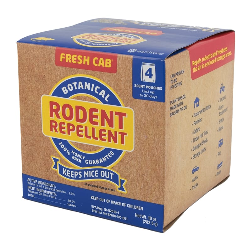 The AP Products Fresh Cab Rodent Repellent (item number 020-126) is a botanical, odorant-pouch repellent used to deter mice and other rodents from enclosed storage spaces. It is particularly popular for protecting RVs, campers, and other stored vehicles.
