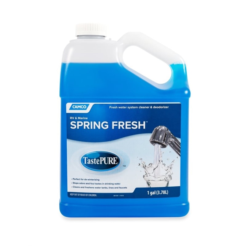 The Camco TastePURE Spring Fresh Water System Cleaner and Deodorizer, 1 gallon (40207), is a ready-to-use, biodegradable formula for cleaning and de-winterizing RV and marine fresh water systems.
