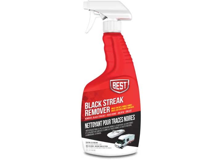 The B.E.S.T. 50032 Black Streak Remover is a 32 oz. spray cleaner designed to remove black streaks, road grime, tar, and mildew from RVs, campers, and boats. It is safe for use on fiberglass, metal, and painted surfaces, including decals.
