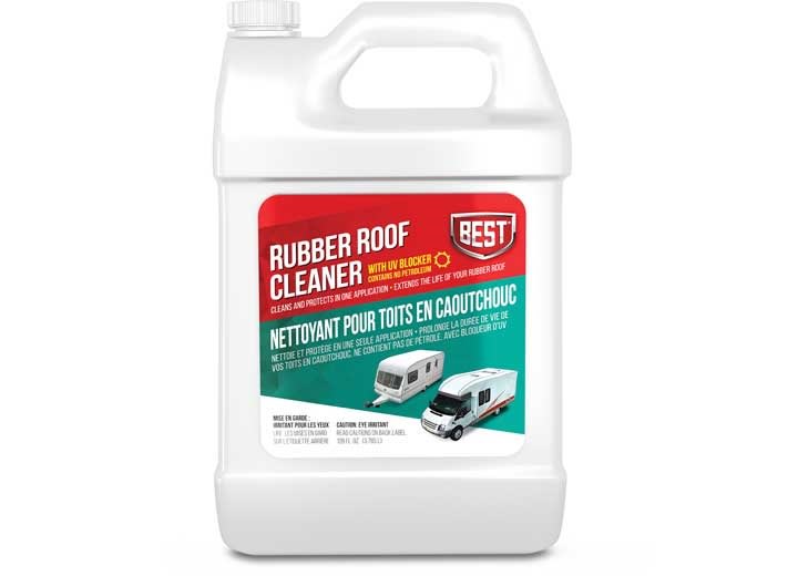 The B.E.S.T. 55128 Rubber Roof Cleaner and Protectant (128 oz) is a professional-strength, non-petroleum formula designed to clean, condition, and protect RV rubber roofs in one step.