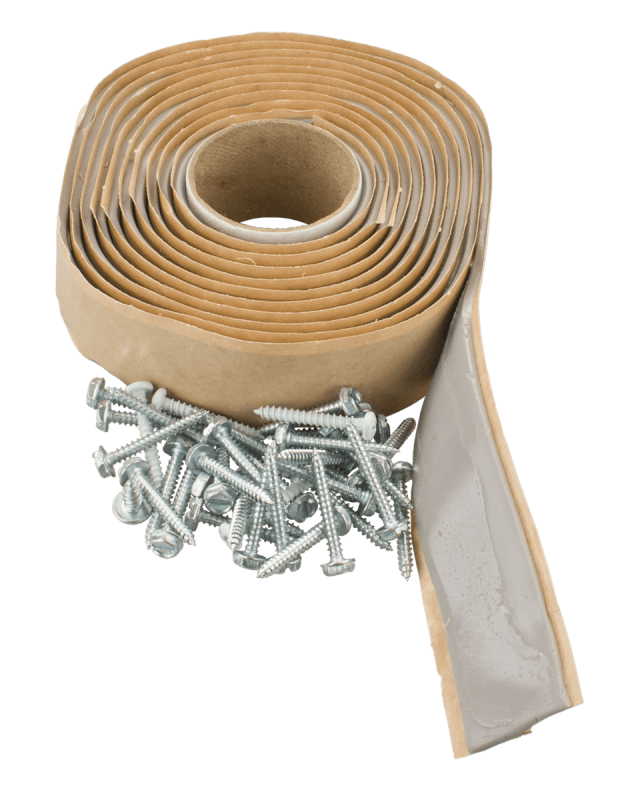 The JR Products 04182 Deluxe Vent Installation Kit provides the necessary hardware (36 screws and 8 feet of butyl tape) to seal and secure RV roof vents, side vents, plumbing stacks, or refrigerator vents.