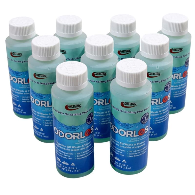 The Valterra Odorlos V77001, which is a 9-pack of 4-ounce liquid bottles of RV and marine holding tank treatment. This biodegradable, formaldehyde-free formula works by accelerating the natural composting process to eliminate odors.