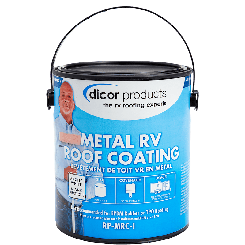 The Dicor RP-MRC-1 Metal RV Roof Coating in White is a 100% acrylic elastomeric coating specifically formulated to protect and seal metal RV, aluminum, steel, and previously coated roofs.