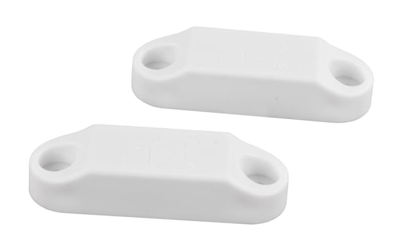 The JR Products 06-30095 Magnetic Baggage Door Catch is a white, OEM-compatible replacement catch for RV baggage and compartment doors. It uses high-strength magnets to keep doors securely open or closed.