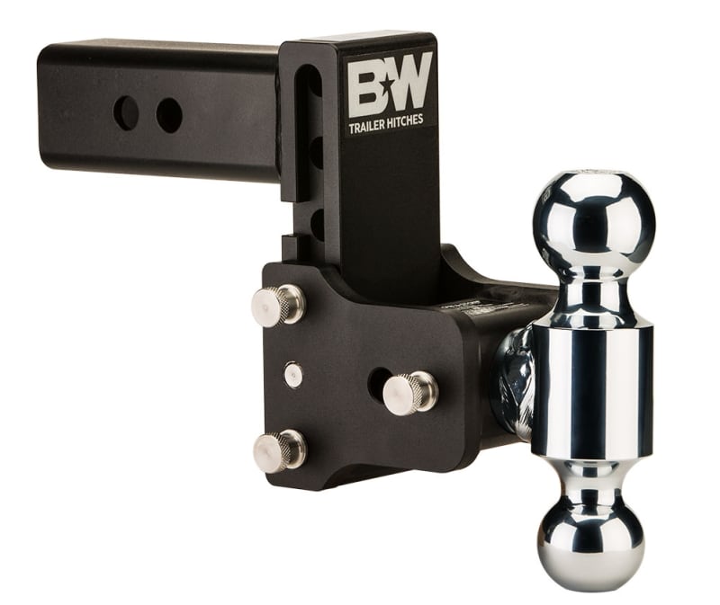 The B&W Tow & Stow TS20037B is an adjustable and stowable trailer hitch ball mount designed for a 2.5-inch receiver. It features two different ball sizes on a rotating dual-ball block, eliminating the need for multiple ball mounts.