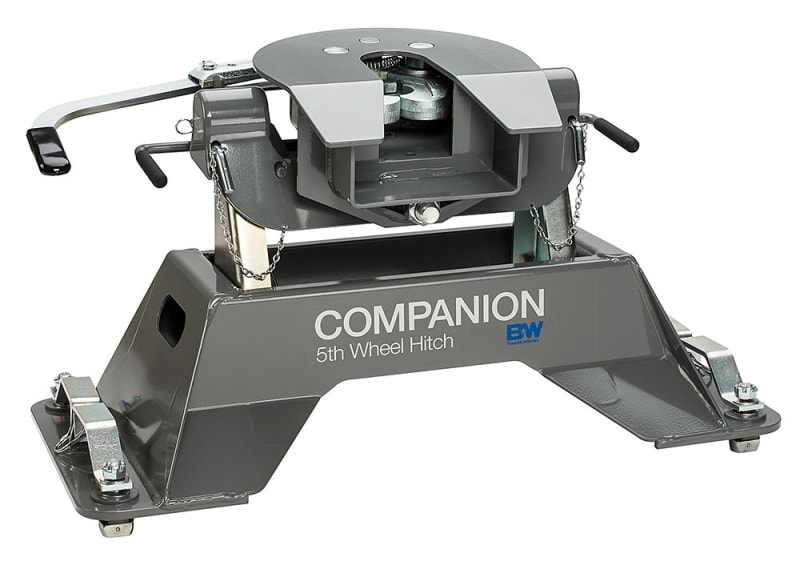 The B&W Companion 5th Wheel Hitch for Ford OEM Pucks, RVK3300, is a durable, two-piece hitch designed for Ford Super Duty trucks with a factory-installed towing prep package. It uses a cam-action latching handle and polyurethane bushings.