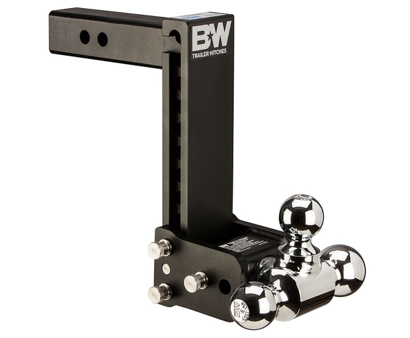 The B&W Tow & Stow Trailer Hitch Ball Mount (TS10050B) is a versatile, heavy-duty, tri-ball mount designed for 2-inch receiver hitches. Its adjustable height and three ball sizes eliminate the need for multiple ball mounts, and it can be stowed away.