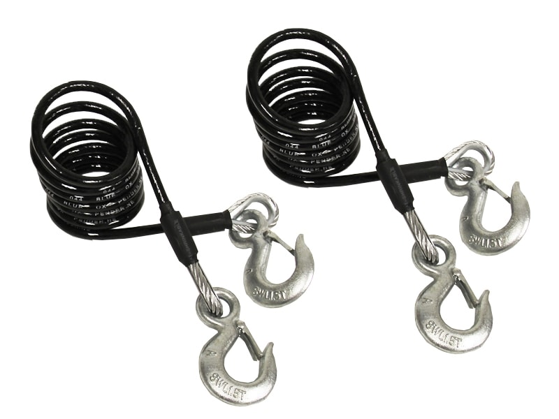 The Blue Ox Coiled Towing Safety Cables, model BX88197, are a pair of 7-foot, 10,000-pound rated cables designed to secure a towed vehicle to an RV. They are made from plastic-coated, aircraft-grade steel for durability and feature snap hooks.