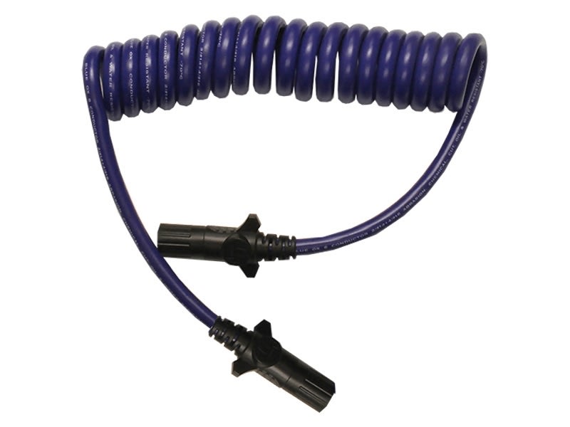 The Blue Ox 6-Way Coiled Electrical Cable, BX8862, is a tow bar accessory that provides a connection for a towed vehicle's electrical system to a motorhome or RV. The cable is 6-wire, has a round 6-way connector on both ends.