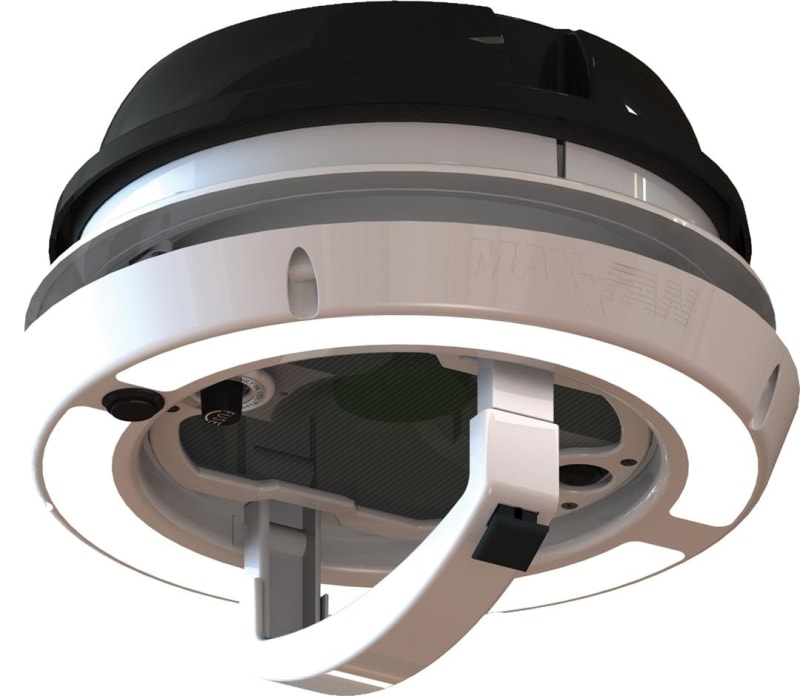 The MAXXFAN Dome Plus 00-03810B is a compact, 12V round ventilation fan with integrated LED lighting, designed for use in small spaces like RV bathrooms, campers, or vans. It is an exhaust-only model and is designed for either rooftop or sidewall.