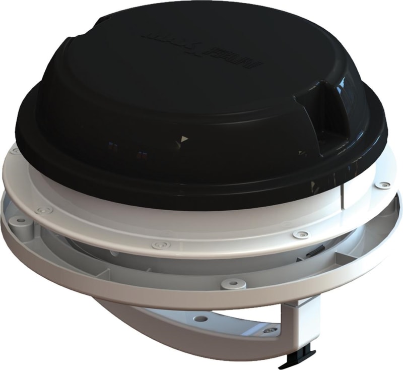 The MAXXFAN Dome Round RV Vent Fan (model 00-03812B) is a 6-inch, 12-volt exhaust-only fan designed for ventilating small areas in an RV, such as bathrooms and showers. It is designed for installation on rooftops or sidewalls.
