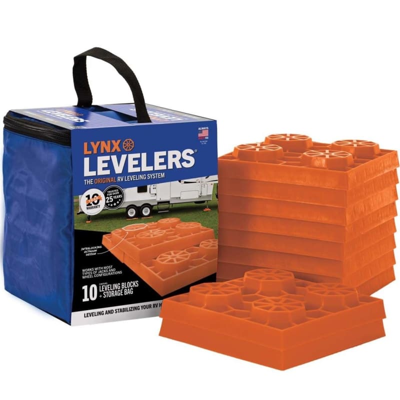 The Tri-Lynx 00015 Lynx Levelers are a set of 10 interlocking blocks used to level and stabilize a recreational vehicle (RV), trailer, or camper. They are designed to withstand significant weight and can be stacked to achieve the desired height.