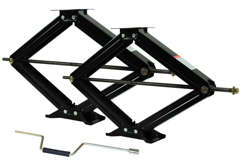 The Ultra-Fab 48-979031 is a pair of 30-inch heavy-duty scissor jacks designed to stabilize travel trailers, fifth wheels, and motorhomes with a 6,500 lb capacity per jack (26,000 lbs total for four).