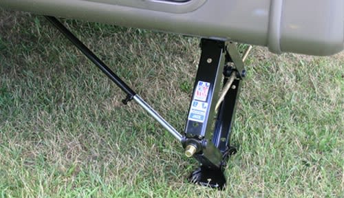 The BAL Lock-Arm Stabilizing Bar (part #23216) is a stabilizing system for RVs, trailers, and 5th wheels that adds support between the vehicle's frame and its stabilizing jacks.