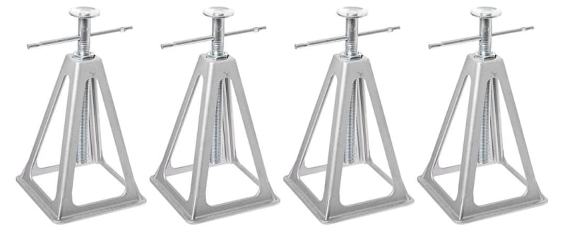 The Ultra-Fab 48-979004 is a 4-pack of heavy-duty, die-cast aluminum stacker jacks designed to stabilize RVs, travel trailers, and campers, supporting up to 6,000 lbs per jack. They feature an adjustable height from 11 to 17 inches and a stackable, compac