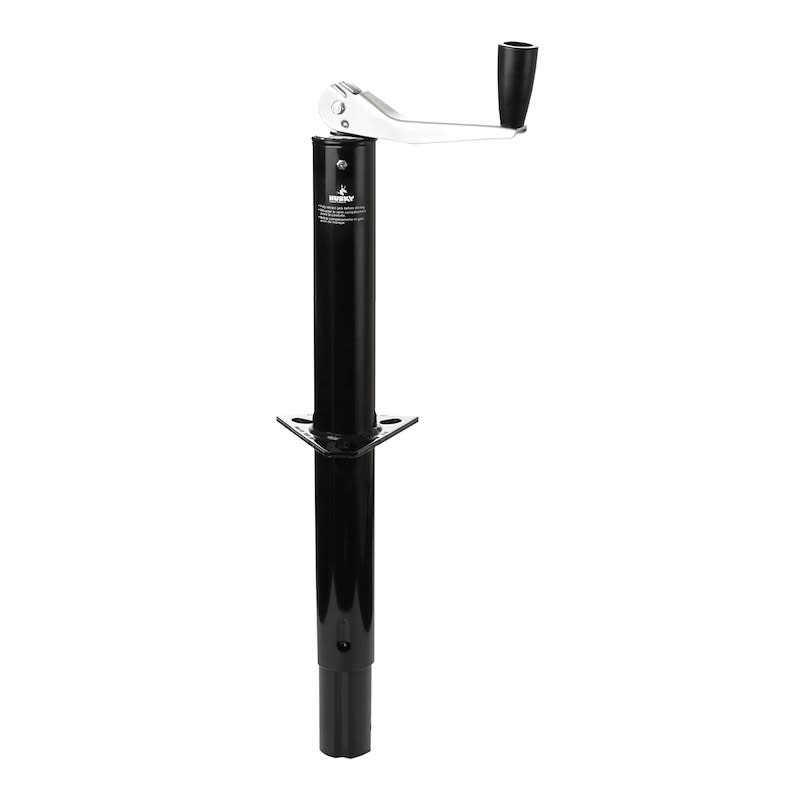 The Husky Towing 30780 Top Wind A-Frame Tongue Jack, which has a 5,000-pound capacity. It is a manual jack designed for trailers with an A-frame coupler.