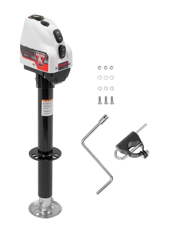 The BULLDOG Powered A-Frame Jack 500200 is an electric tongue jack for A-frame couplers with a 4,000-pound lift capacity and a white case. It provides 22 inches of total travel for positioning trailers and campers and features a manual override.