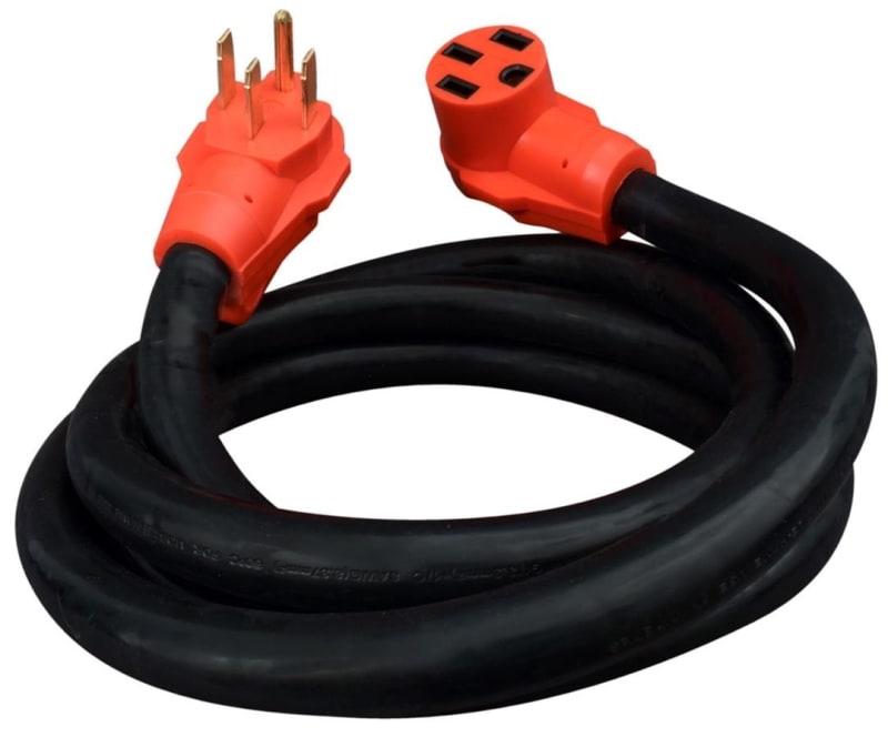 The Valterra Mighty Cord A10-5010EH is a 10-foot, 50-amp RV power extension cord featuring NEMA 14-50P and 14-50R connectors. It is built with heavy-duty rubber housing for outdoor use and includes a finger grip on the male plug.